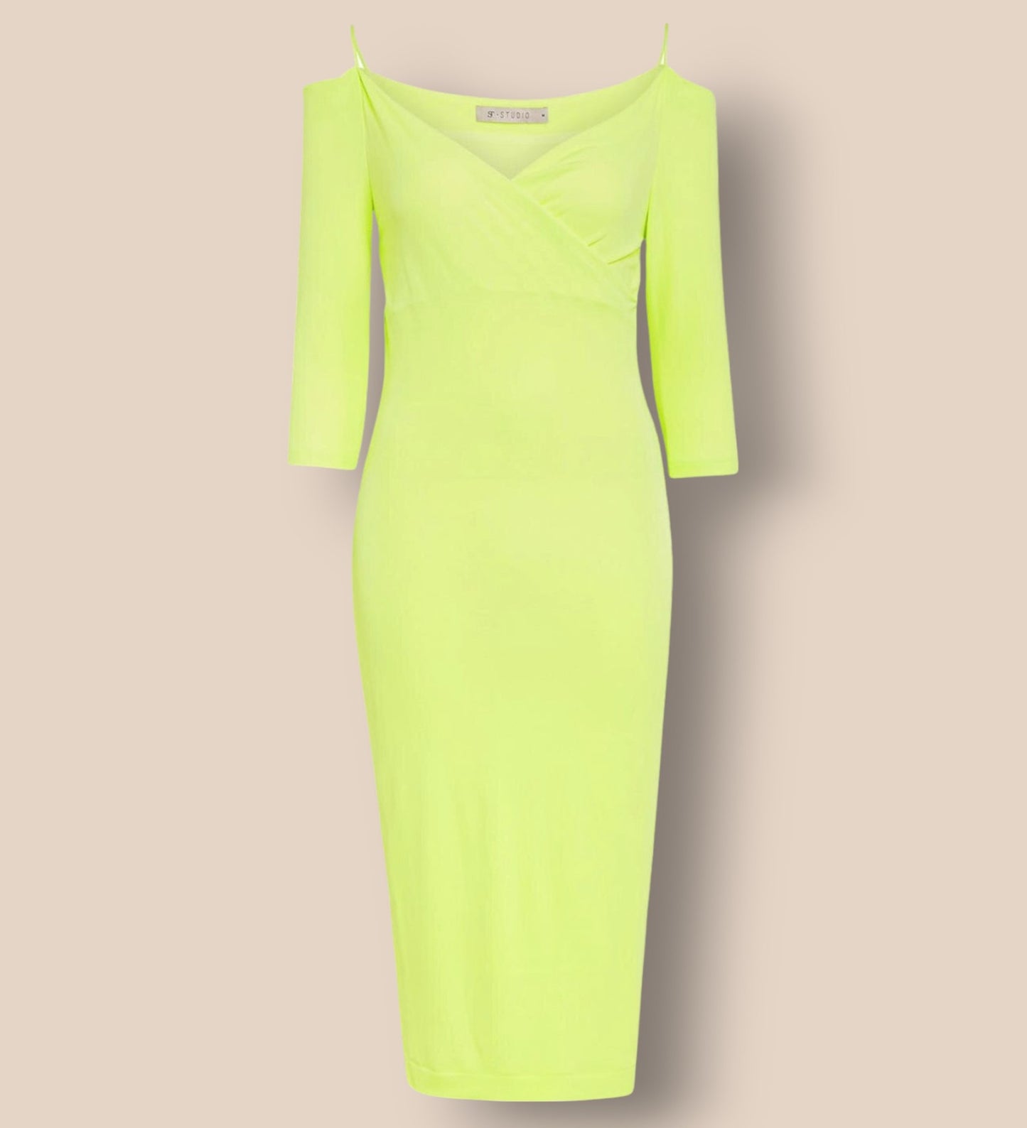 Neon green dress on a beige background