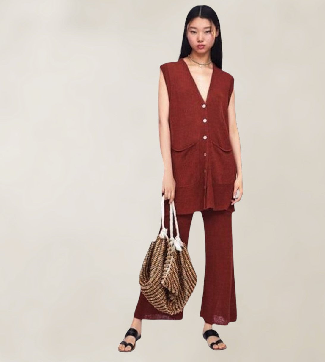 ZARA Rust Knit Linen Mix Wide Leg Culottes & Long Waistcoat M UK 12 US 8 EU 40 Timeless Fashions