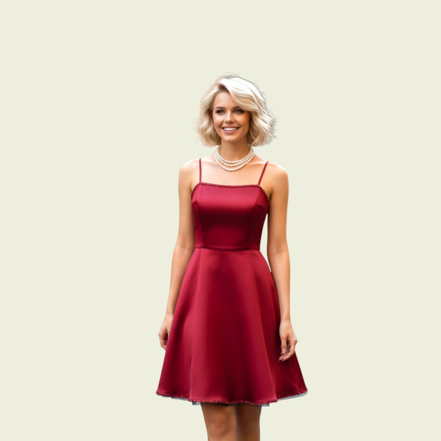 Red dress on model on beige background