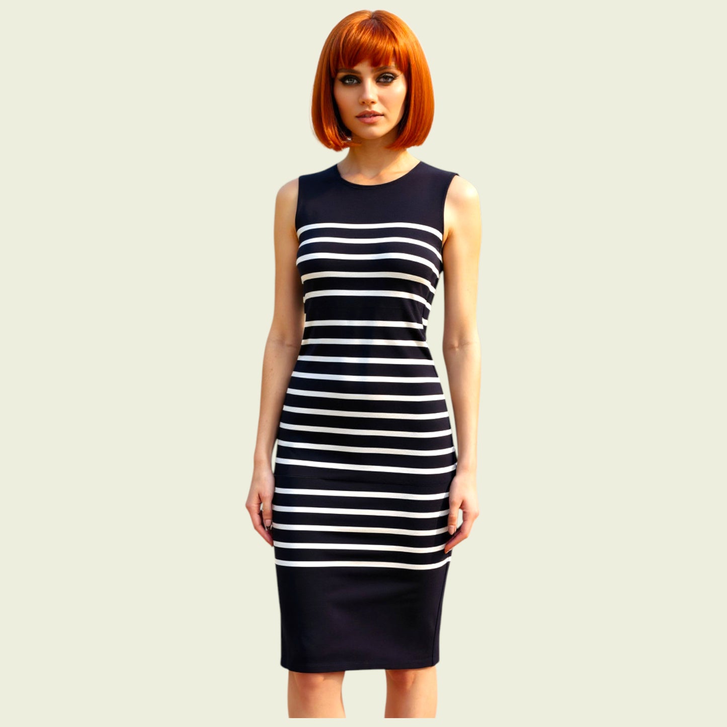 Woman wearing a black and white striped dress on a beige background