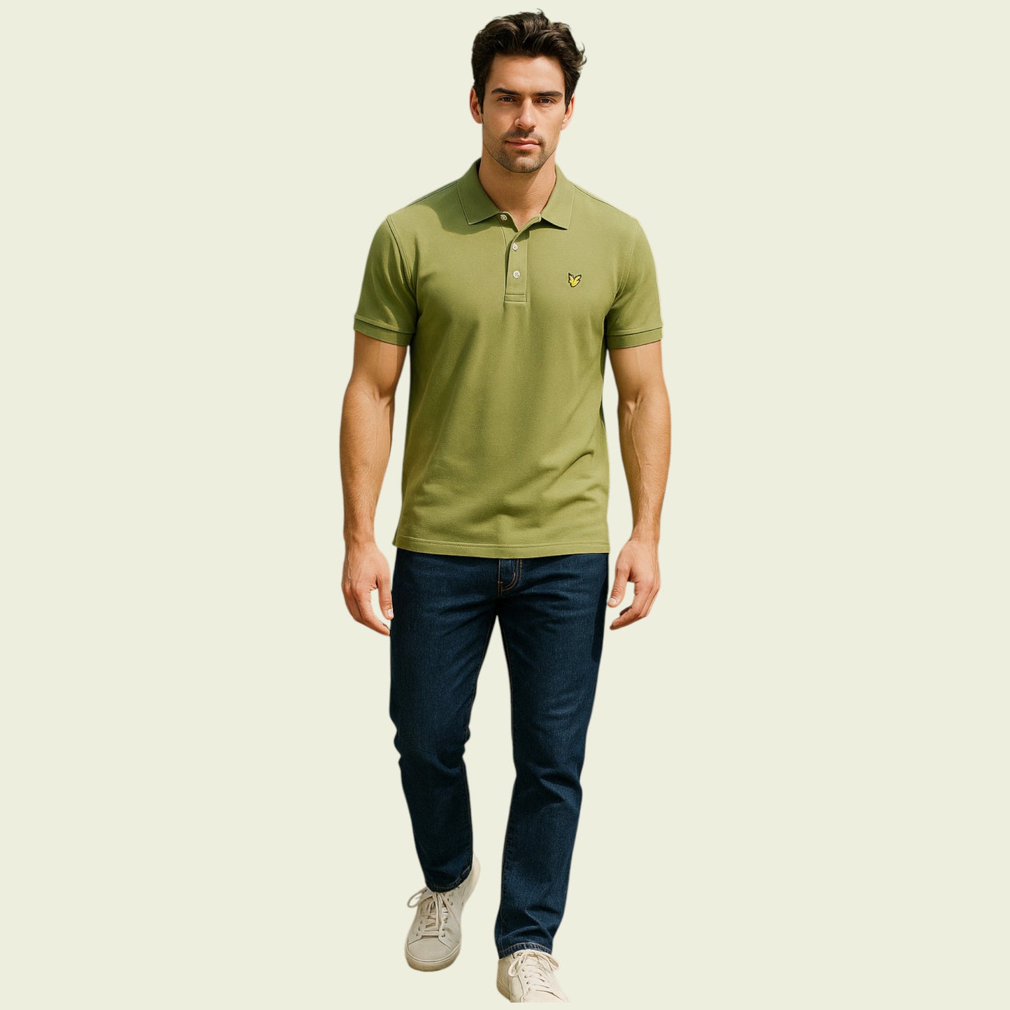 Man wearing a green polo shirt and blue jeans on a beige background