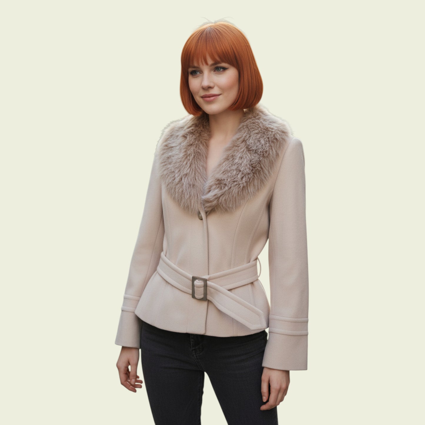 Woman wearing a beige coat with a fur collar on a light background