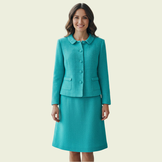 Model wearing turquoise skirt suit on a mannequin against a beige background
