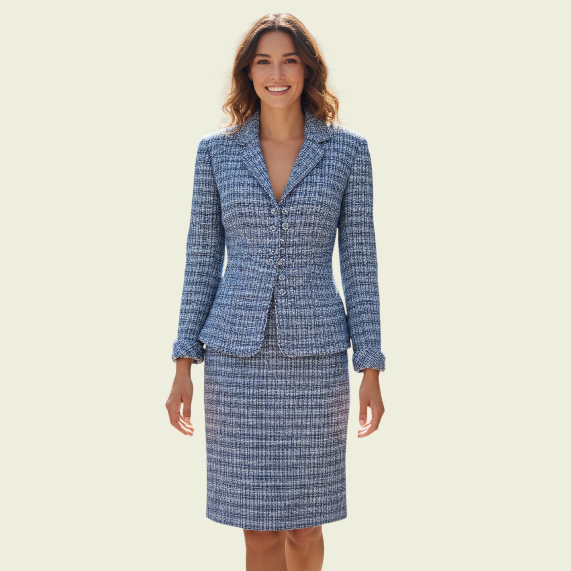 Woman wearing a blue checkered suit on a beige background