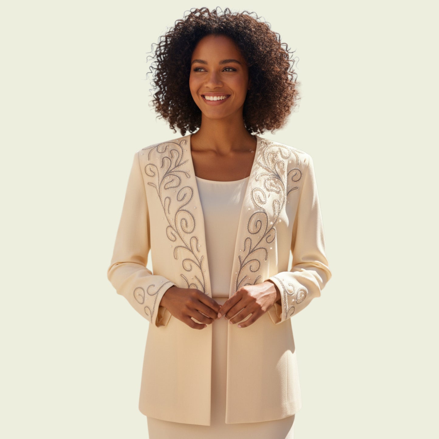 Woman wearing a beige embroidered jacket on a plain background