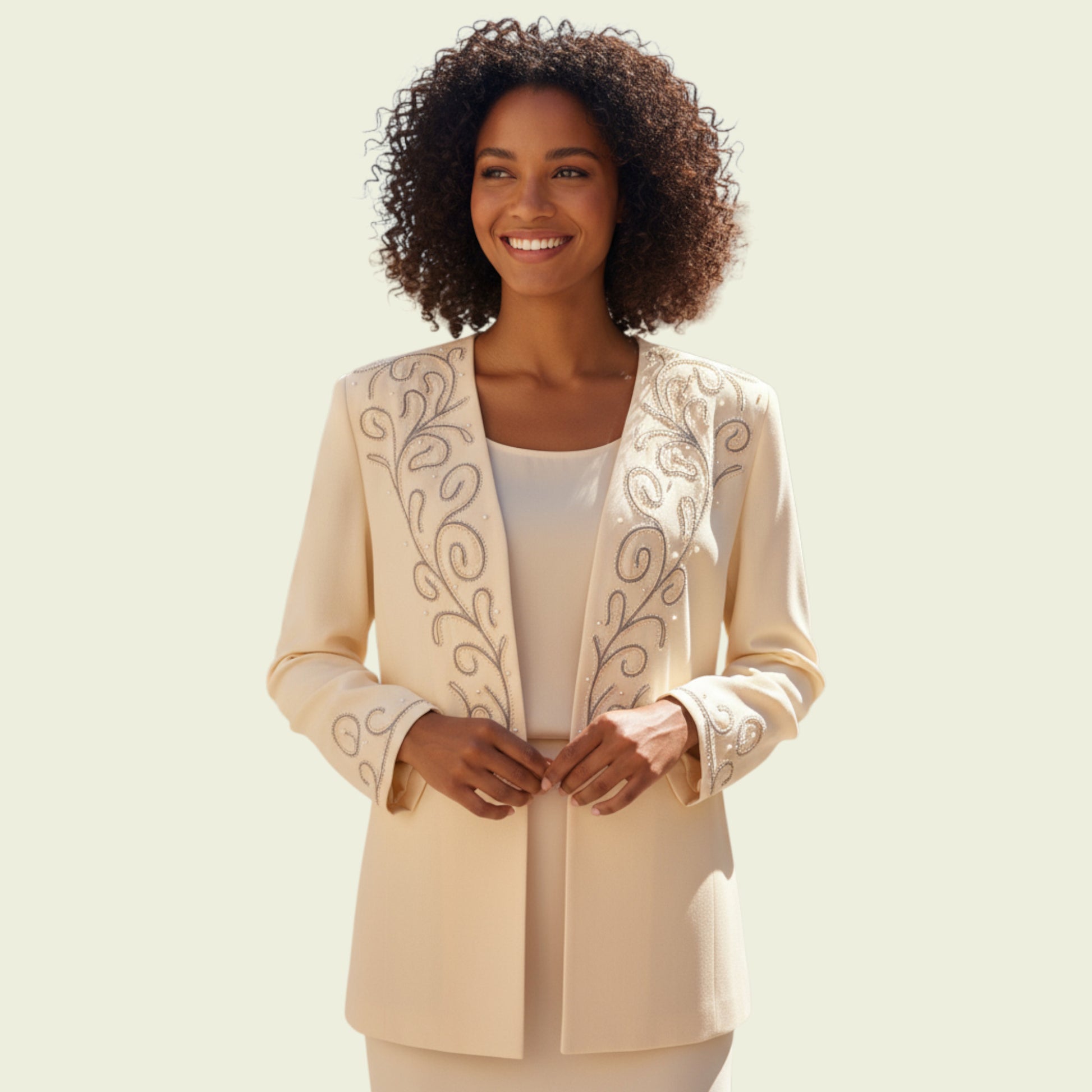 Woman wearing a beige embroidered jacket on a plain background