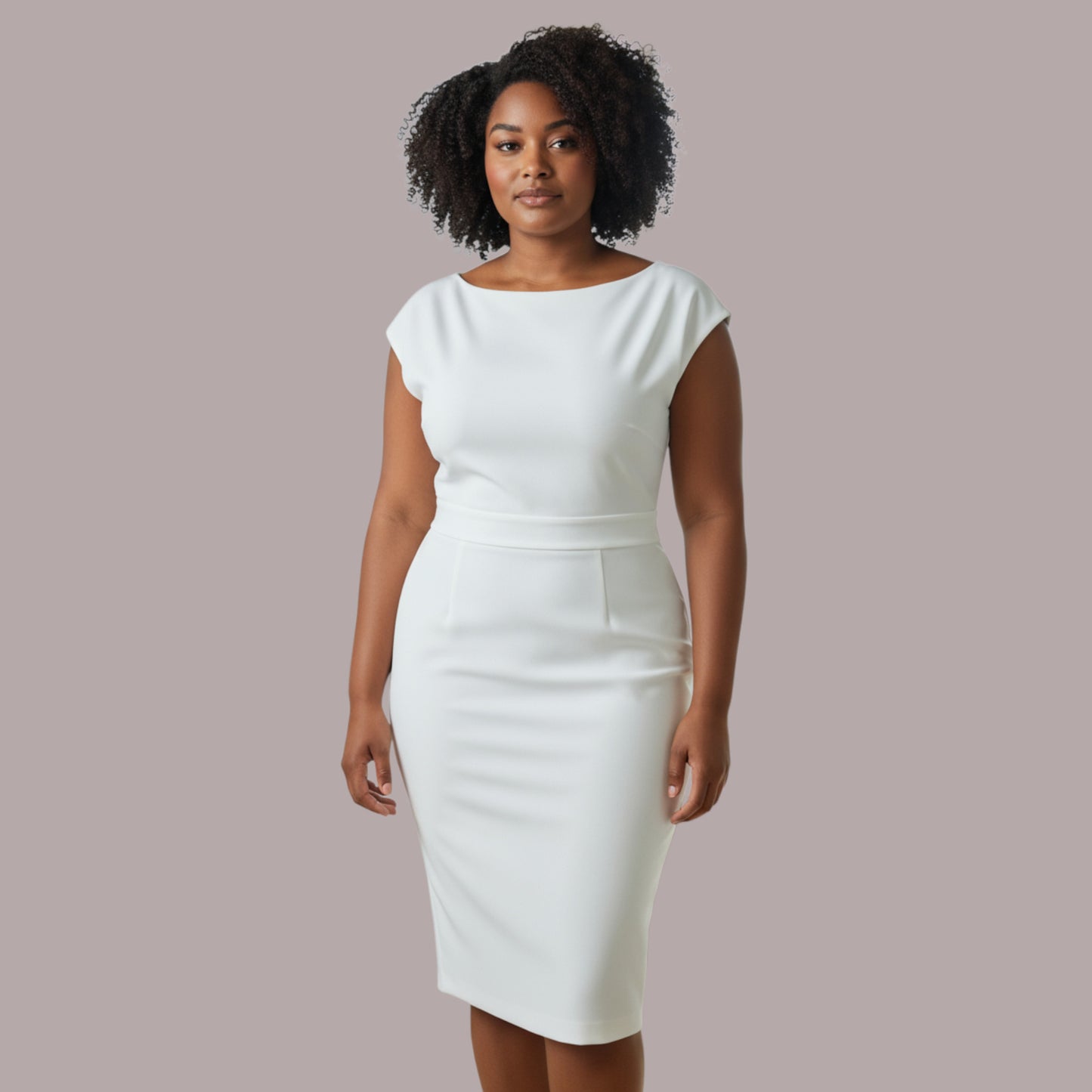 Woman wearing a white dress against a plain background