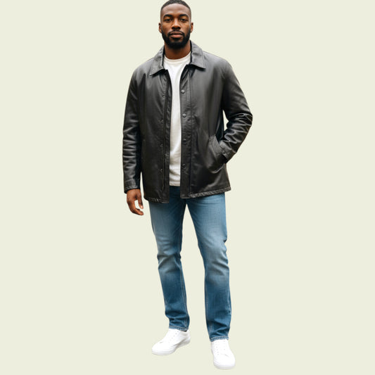 Man wearing a black leather jacket, white shirt, blue jeans, and white sneakers on a beige background