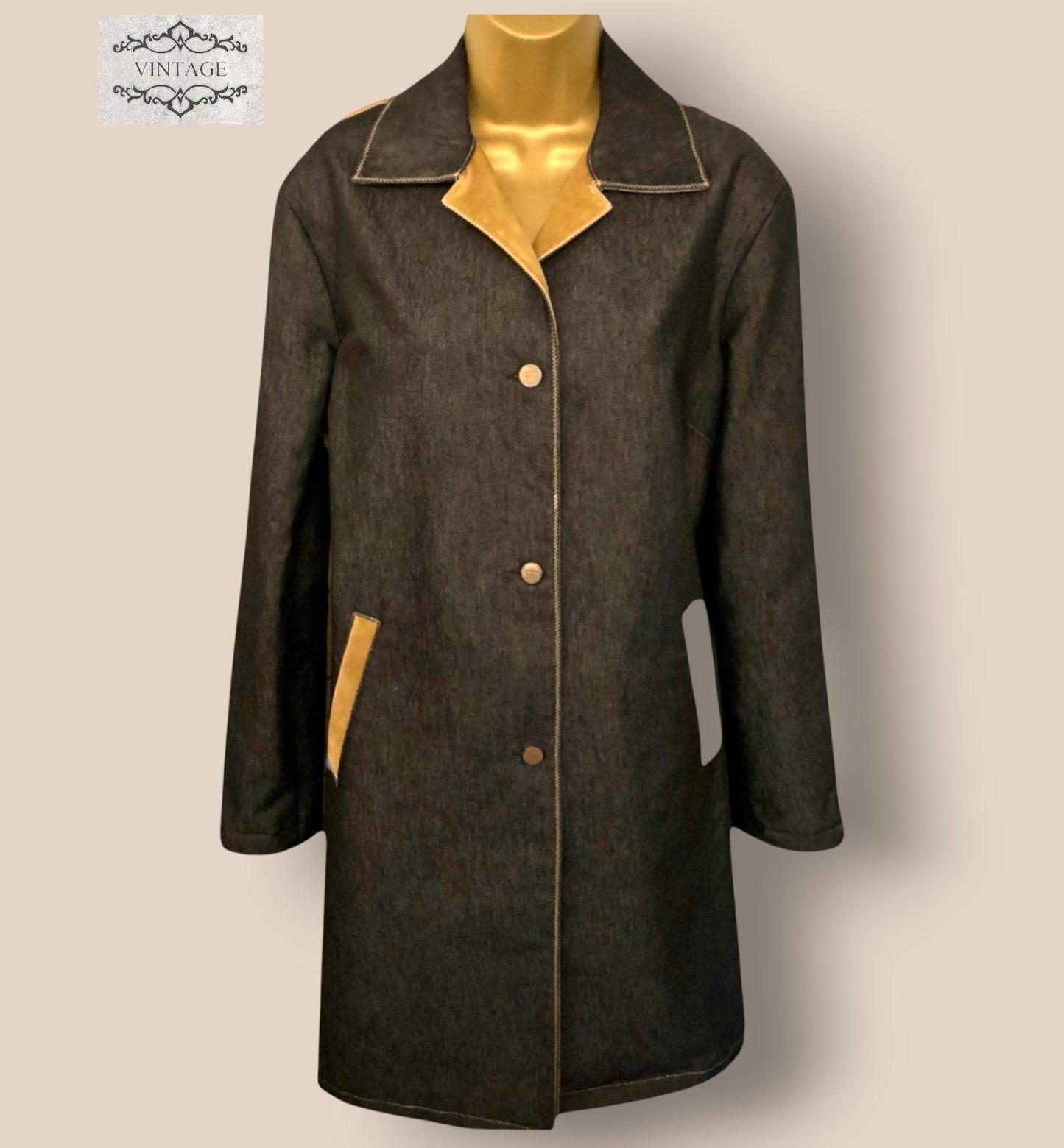 Gianfranco Ferre Womens Vintage Blue Denim Pea Coat UK 16 US 12 EU 44 IT 48 Timeless Fashions