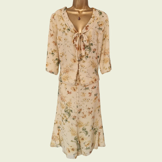 Floral dress on a mannequin against a beige background