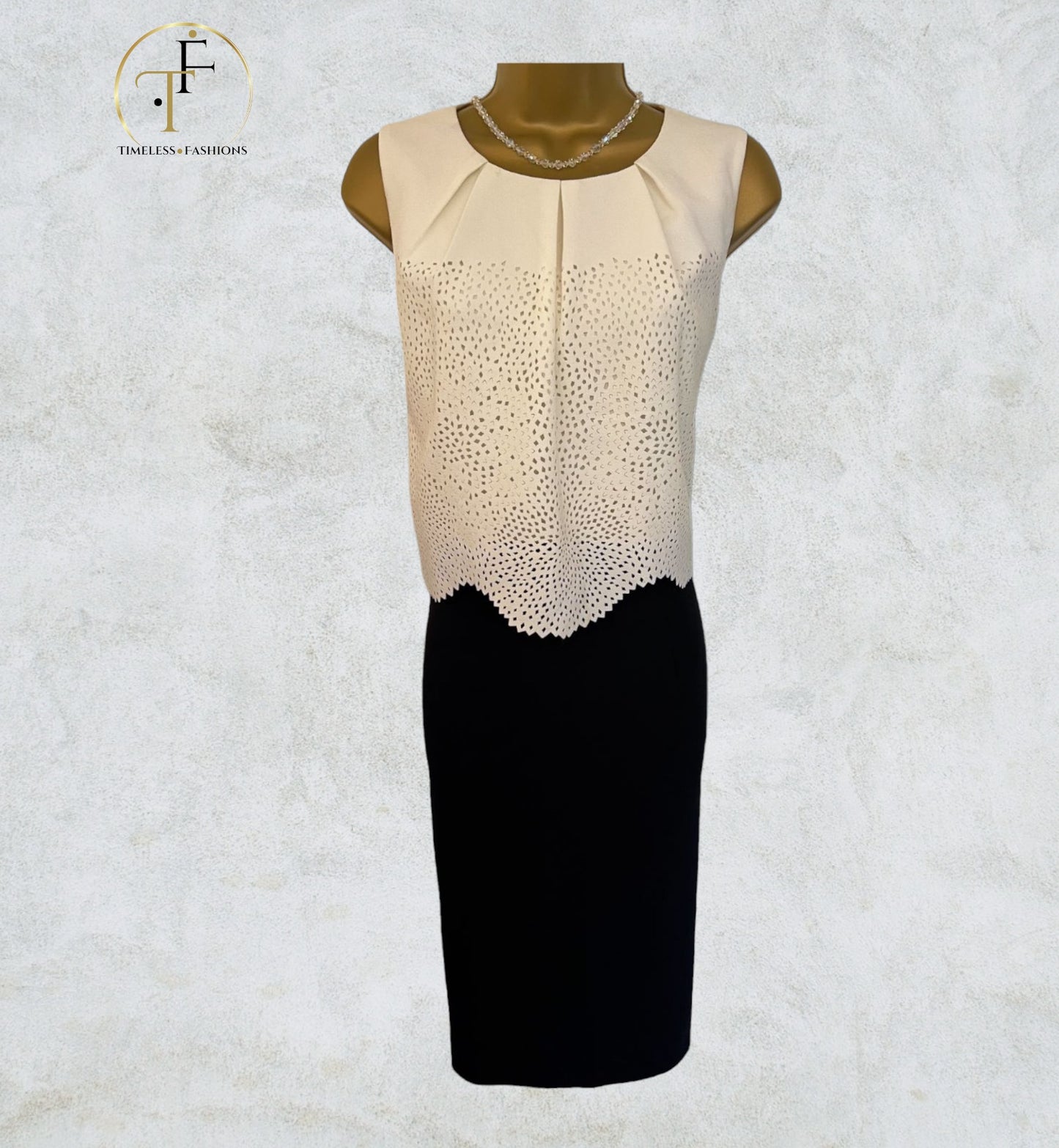Hobbs Black & Cream Laser Cut Sleeveless Overlay Dress UK 12 US 8 EU 40 Timeless Fashions