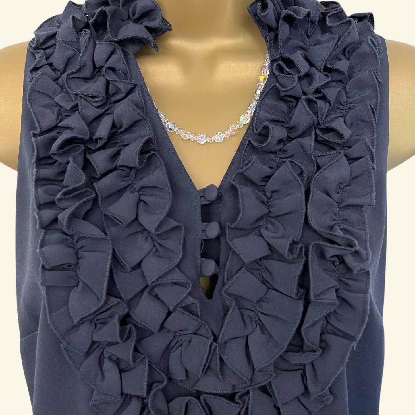 John Rocha Navy Ruffle Neck Sleeveless Shift Dress Petite UK 12 US 8 EU 40 - Timelessfashions