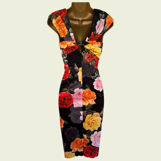 Michaela Louisa Multicoloured Rose Stretch Cotton Dress UK 10 US 6 EU 38 - Timelessfashions