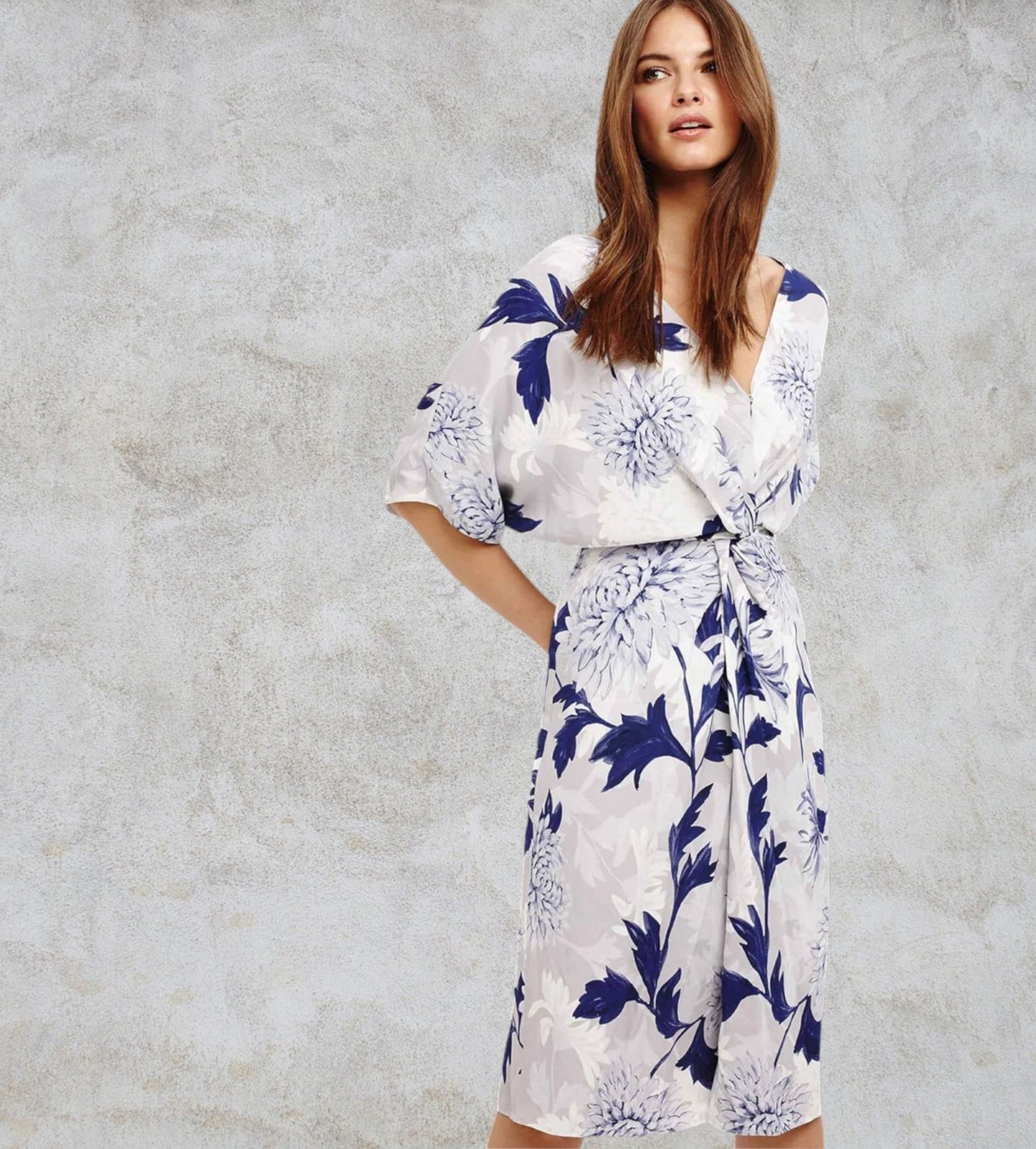 Phase Eight April Floral Front Twist Half Sleeve Navy & Grey Dress UK 14 US 10 EU 42 Timeless Fashions