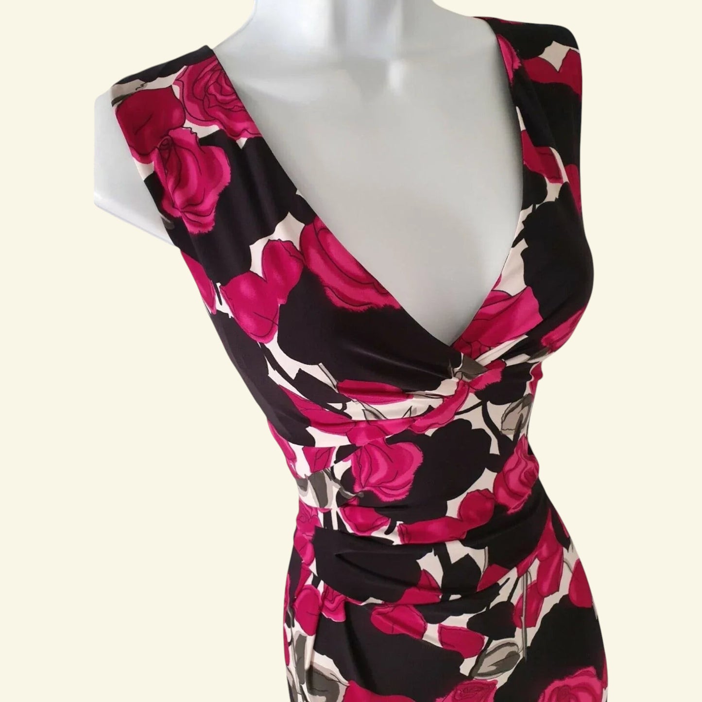 Phase Eight Black & Pink Floral Rose Draped Gathered Bodycon Dress UK 8 US 4 EU 36 - Timelessfashions