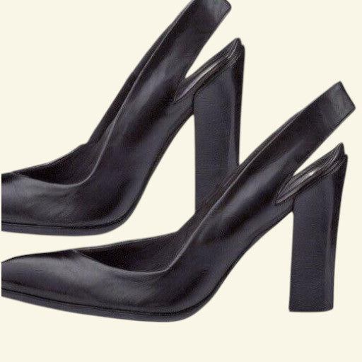 Node Black Leather Slingback Court Shoes, Block Heel UK 7 US 9 EU 40 - Timelessfashions