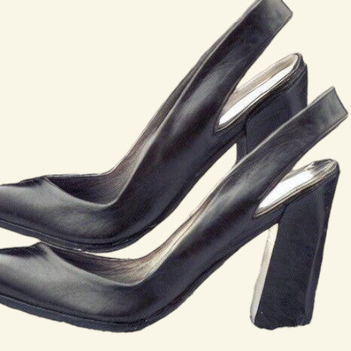 Node Black Leather Slingback Court Shoes, Block Heel UK 7 US 9 EU 40 - Timelessfashions