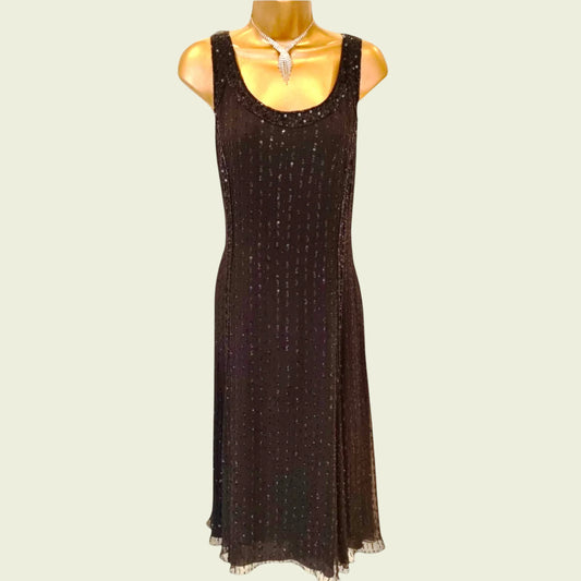 Caroline Charles Vintage Black Silk Sequin Dress & Bolero UK 16 US 12 EU 44 IT 48 - Timelessfashions