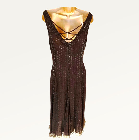 Caroline Charles Vintage Black Silk Sequin Dress & Bolero UK 16 US 12 EU 44 IT 48 Timeless Fashions