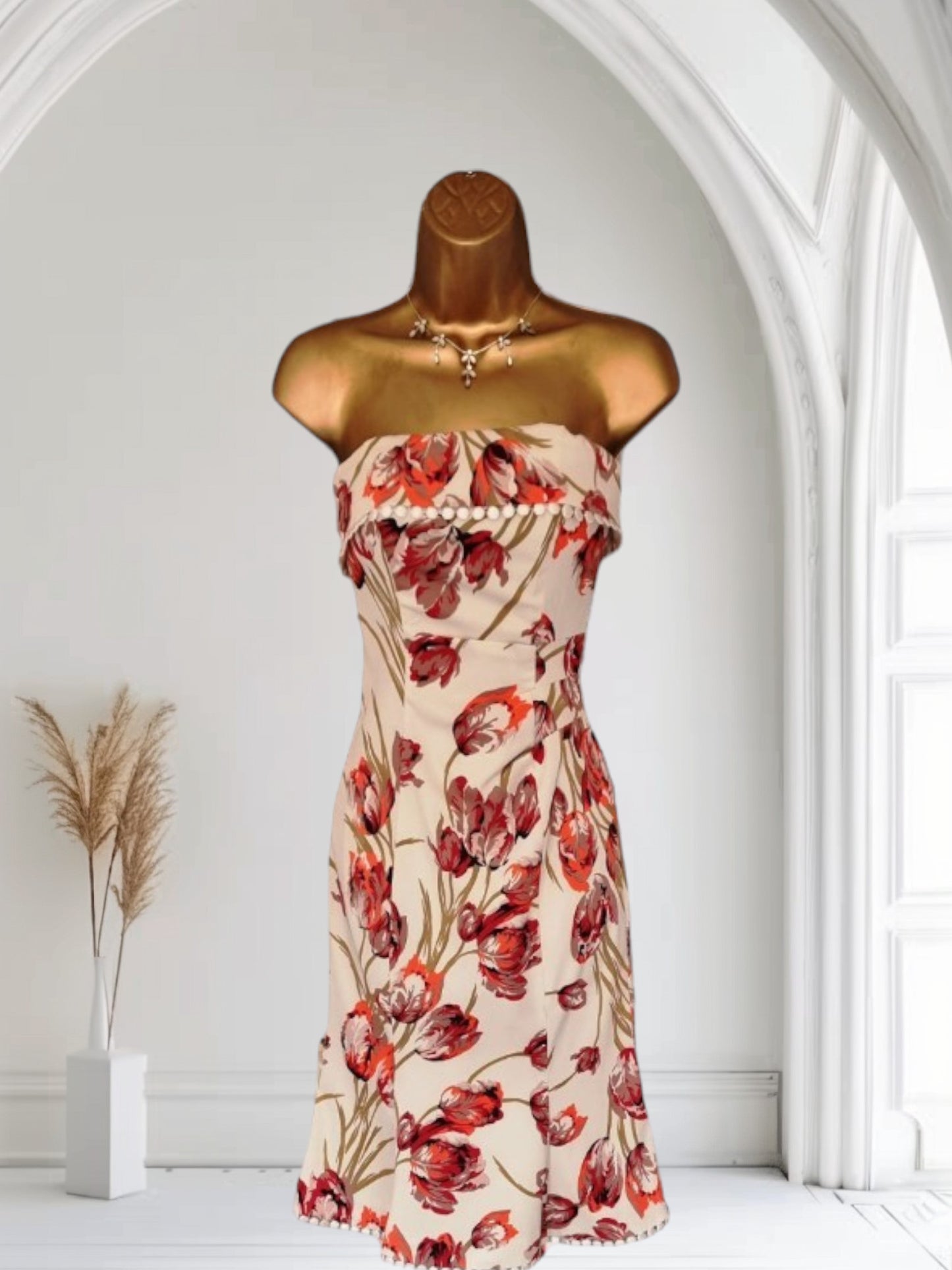 Karen Millen Vintage Ivory Coral Tulip Print Chelsy Corset Dress UK 8 US 4 EU 36 Timeless Fashions