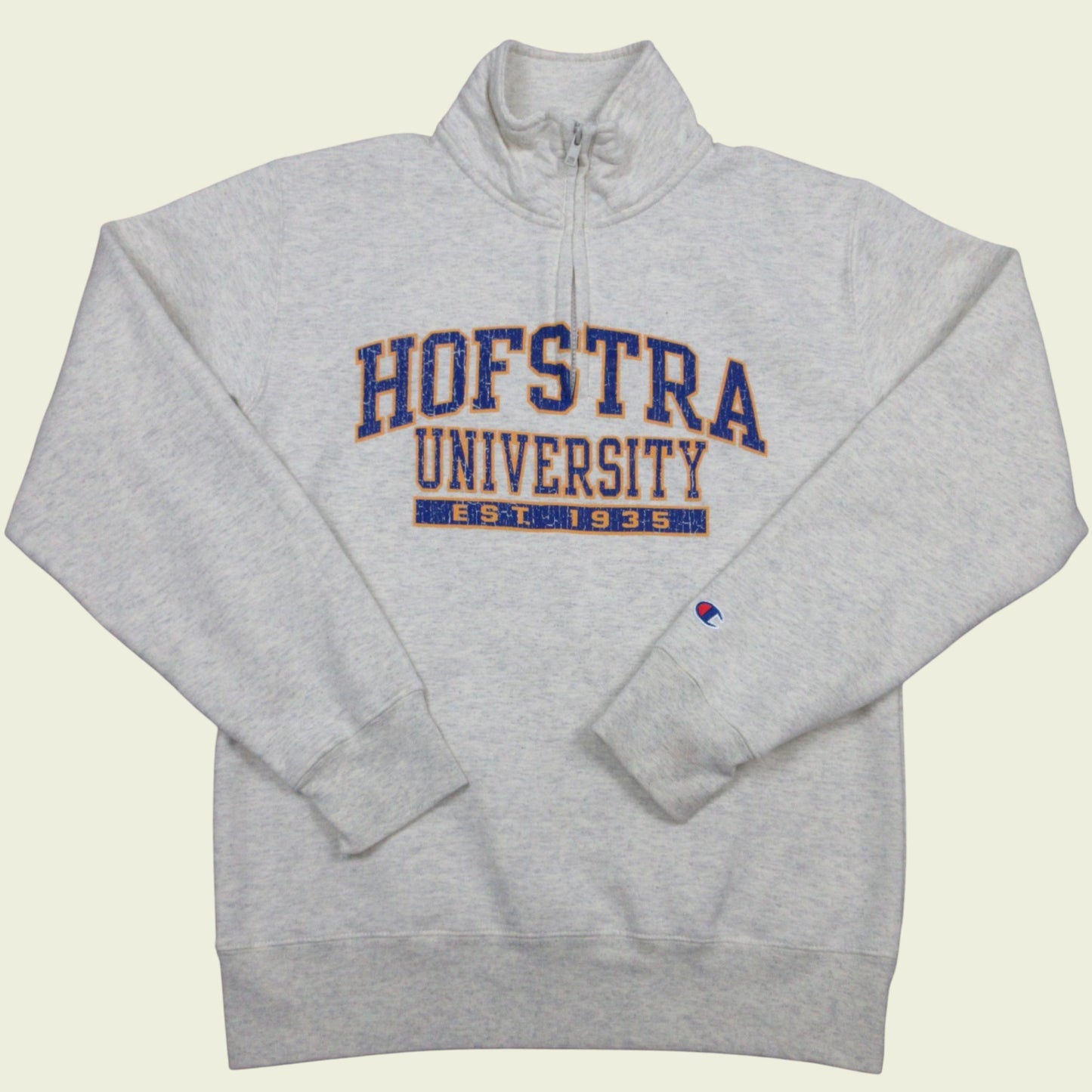 Gray sweatshirt with 'Hofstra University' text on a beige background