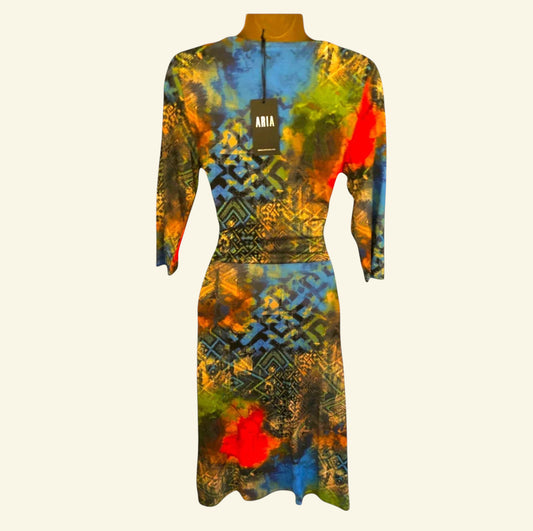 Aria Multicoloured 3/4 Sleeve Dress UK 14 US 10 EU 42 - Timelessfashions