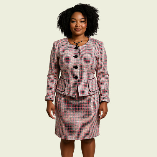 Woman wearing a checkered suit on a beige background