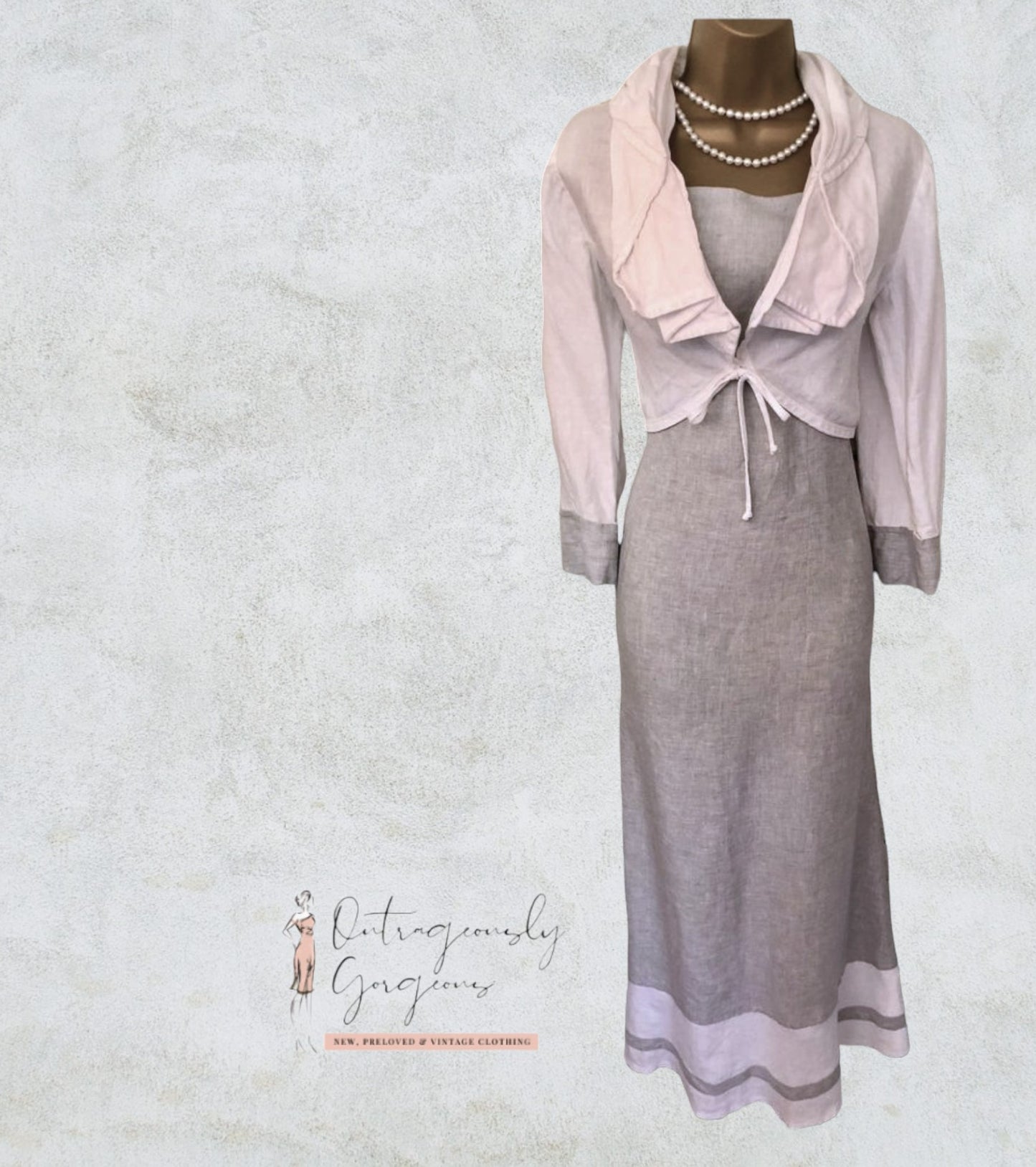 Kontrast White & Grey Linen Long Dress & Jacket, Lagenlook Size 36 UK 10 US 6 EU 38 Timeless Fashions