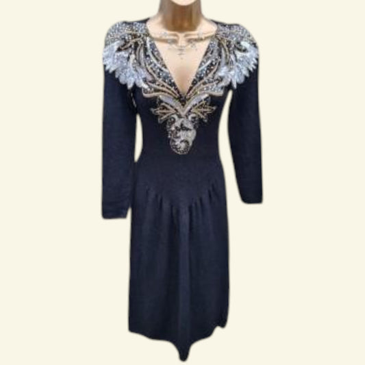 Pat Sandler For Saks Fifth Avenue 60’s Vintage Black Sequined Dress UK 8 US 4 EU 36 - Timelessfashions