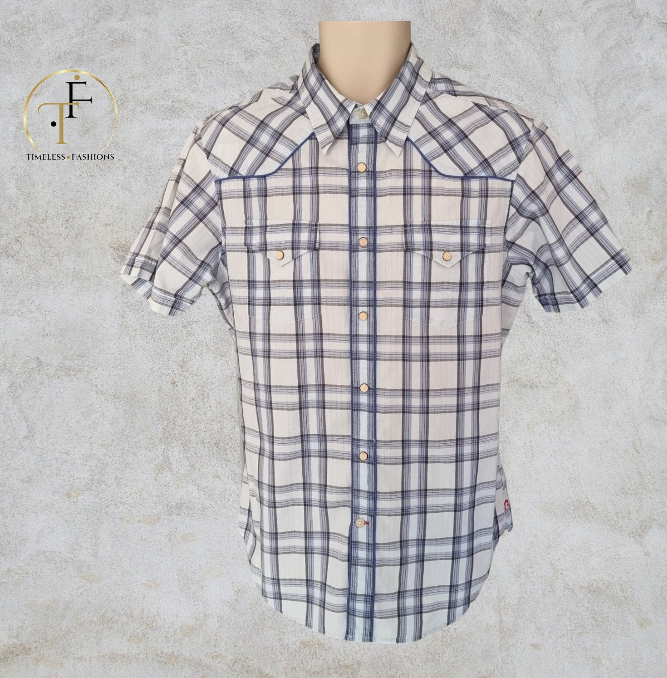 GUESS Jeans Men’s Short Sleeve Blue & White Check Shirt Size M Timeless Fashions