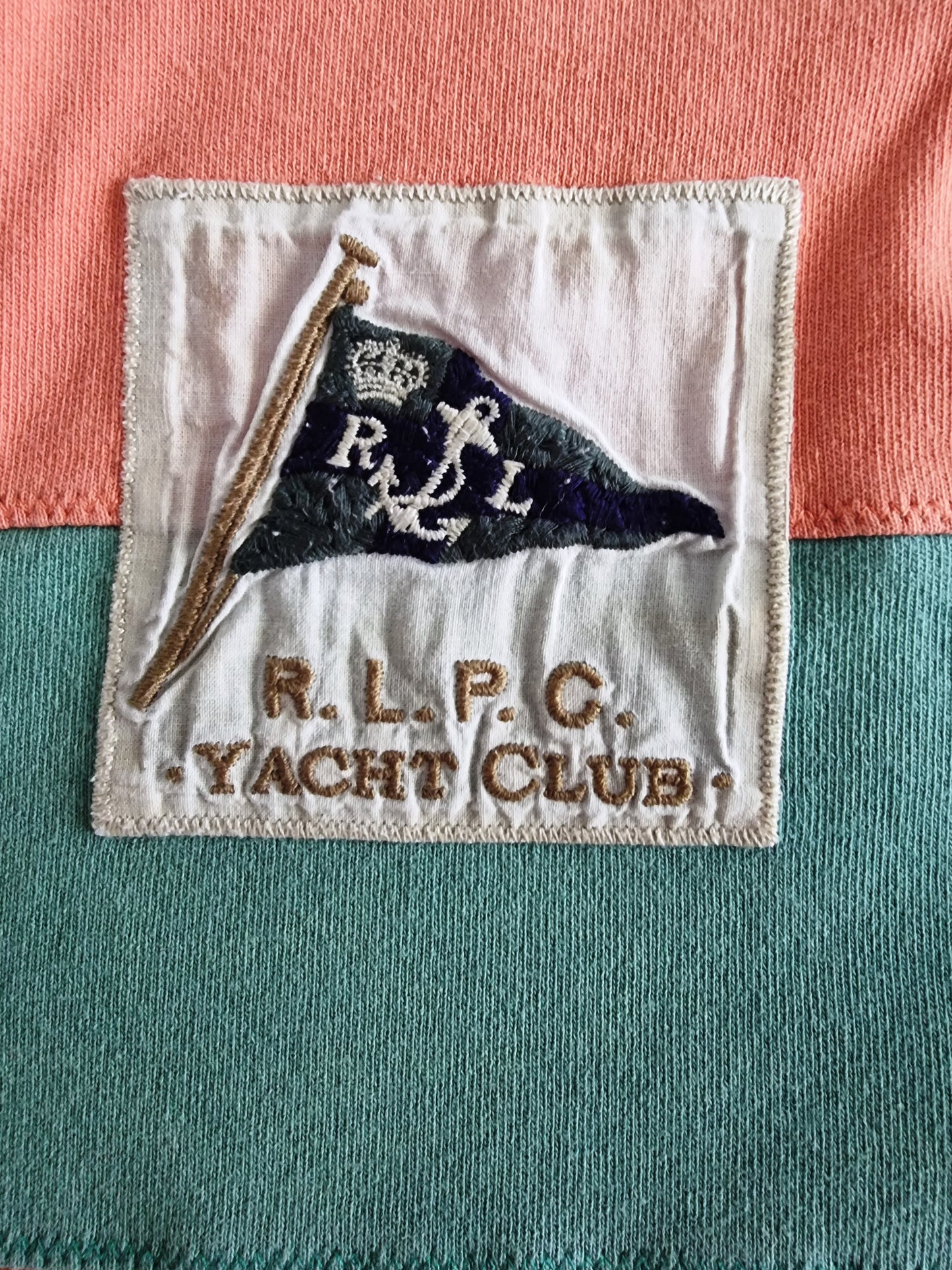 Polo Ralph Lauren Vintage Yacht Club 1st Class Flag Orange & Green Striped Shirt Size M Timeless Fashions