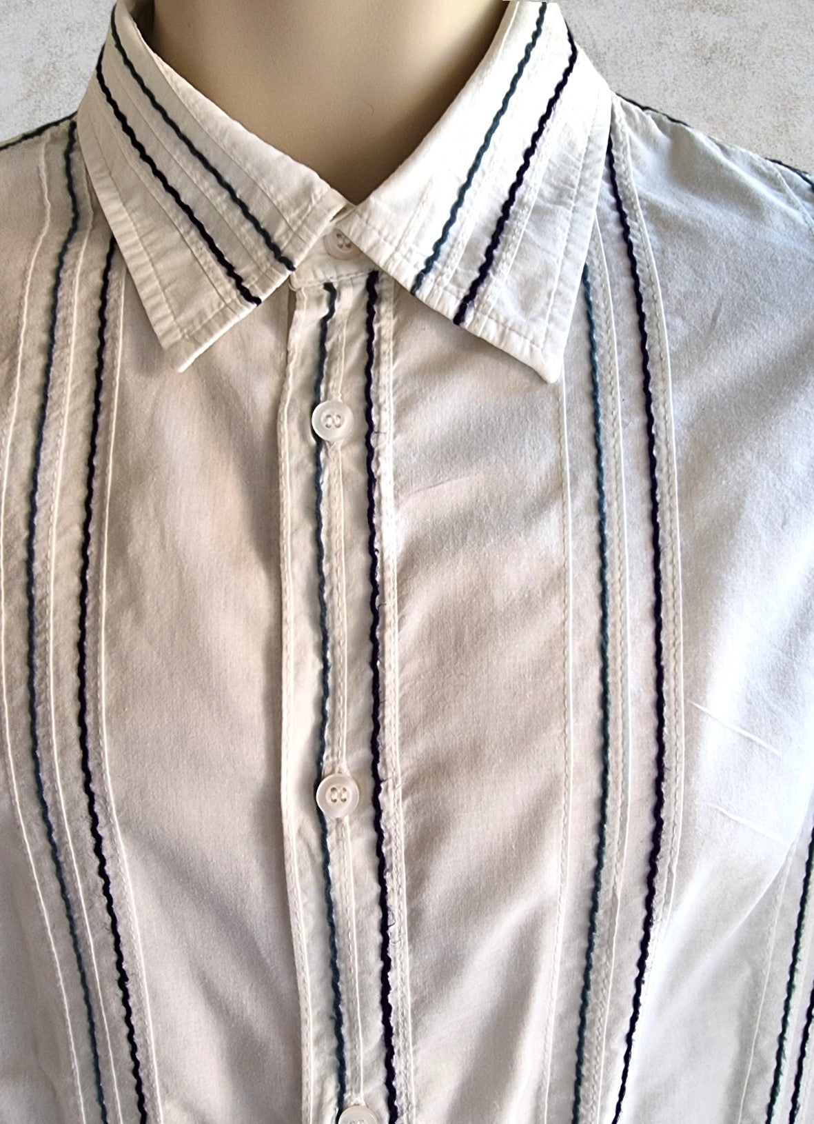 French Connection Men's White Striped Long Sleeve Shirt UK M Timeless Fashions