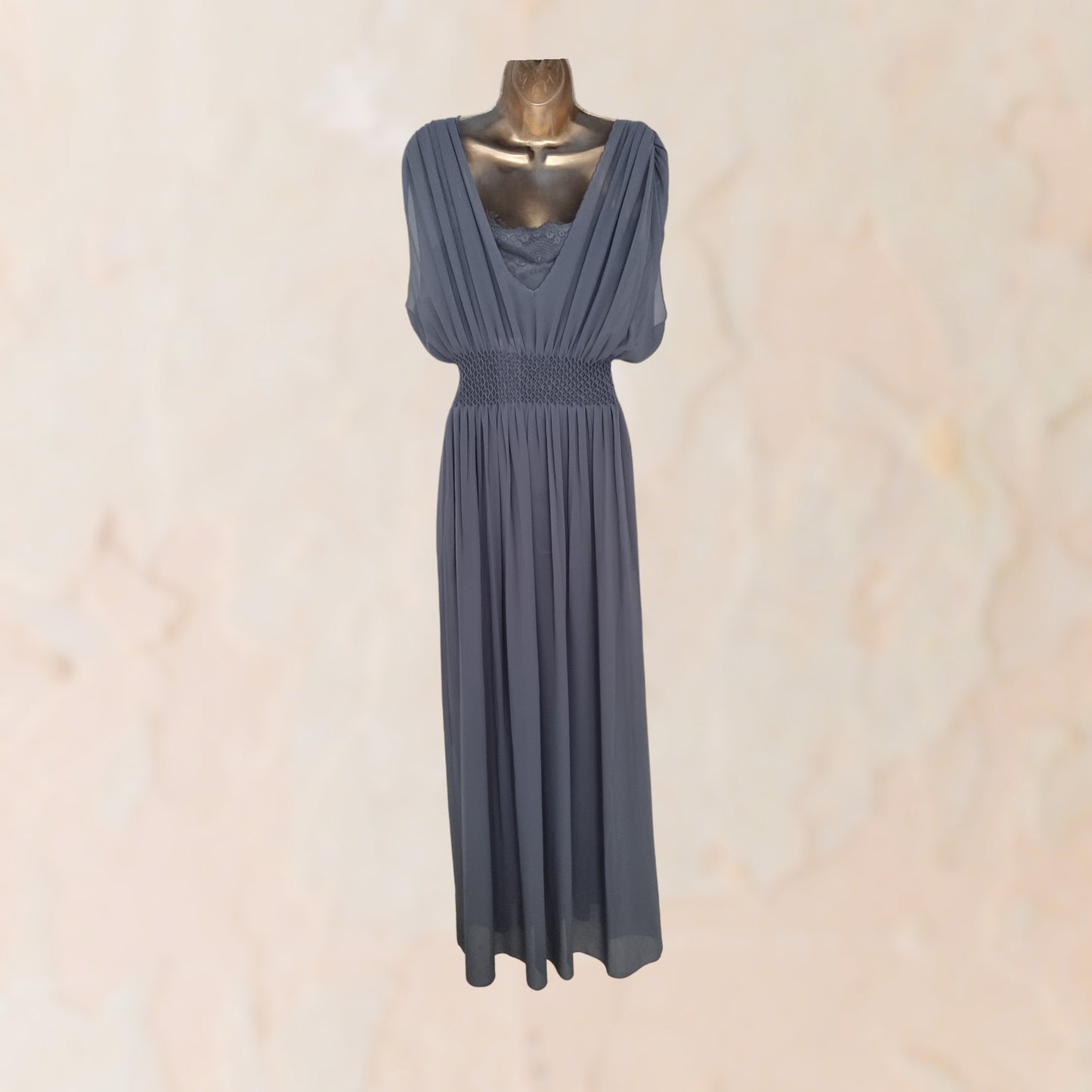 French Connection Jeunesse Grey Stitch V Neck Maxi Dress UK 12 US 8 EU 40 Timeless Fashions