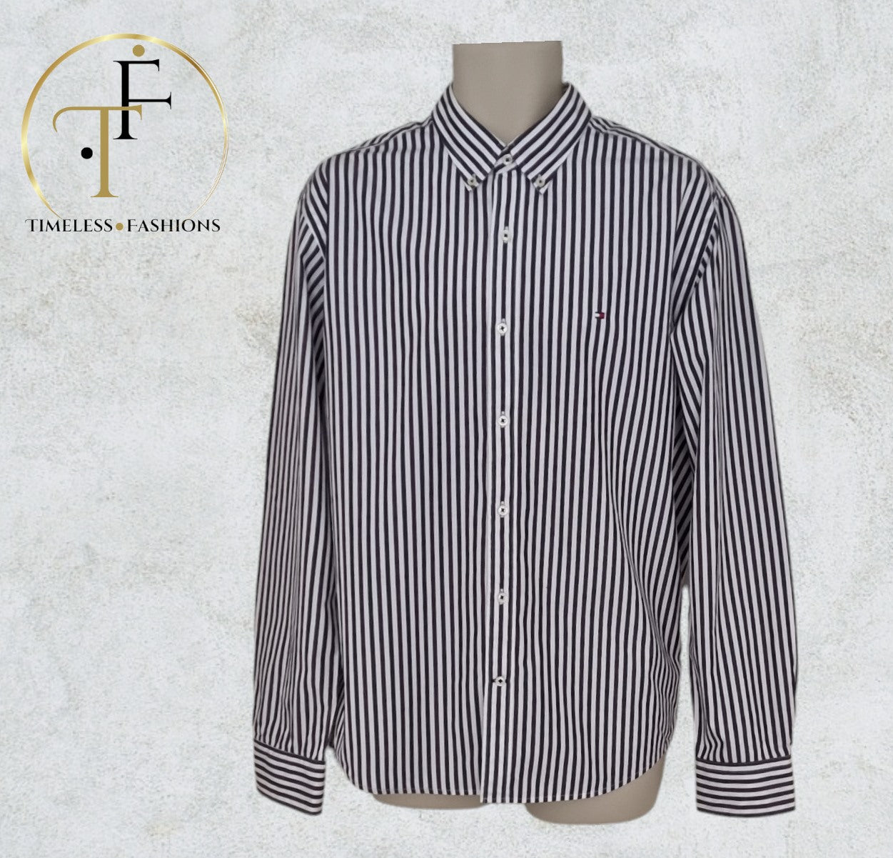 Tommy Hilfiger Mens Navy, Purple and White Stripe Long Sleeve Shirt UK L Timeless Fashions