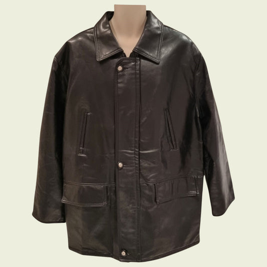 Black leather coat on a mannequin against a beige background