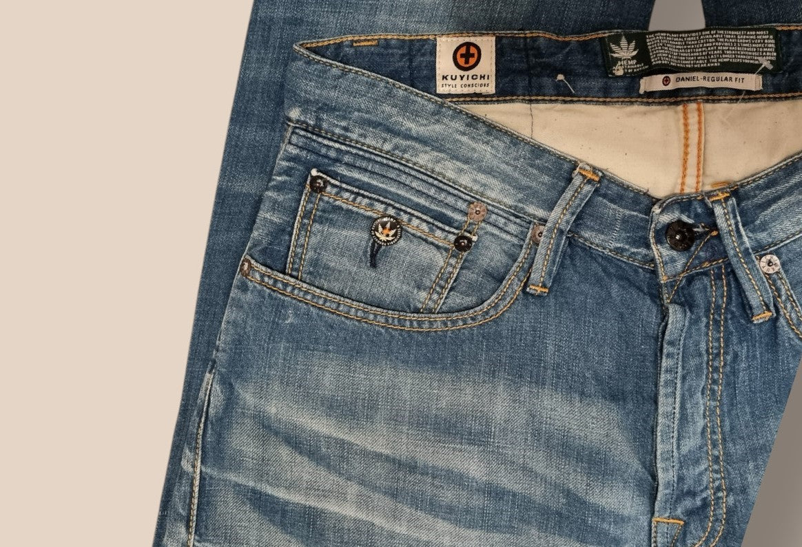 Kuyichi Daniel Men's Blue Regular Fit Straight Leg Faded Denim Jeans W34 L32 Timeless Fashions