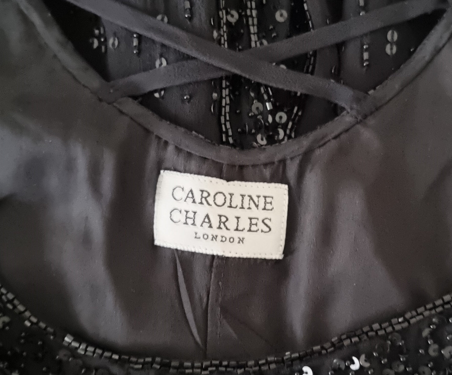 Caroline Charles Vintage Black Silk Sequin Dress & Bolero UK 16 US 12 EU 44 IT 48 Timeless Fashions