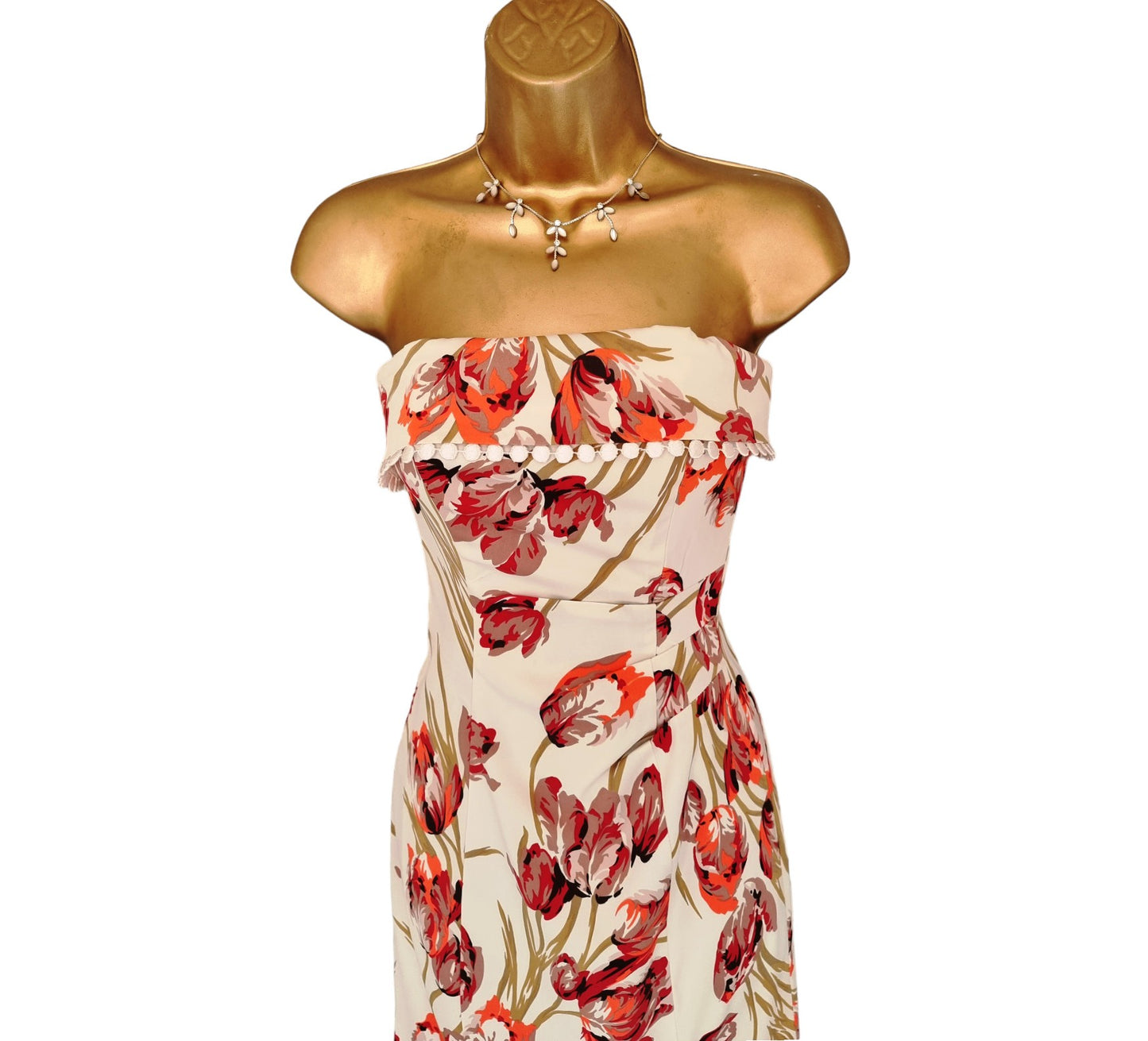 Karen Millen Vintage Ivory Coral Tulip Print Chelsy Corset Dress UK 8 US 4 EU 36 Timeless Fashions