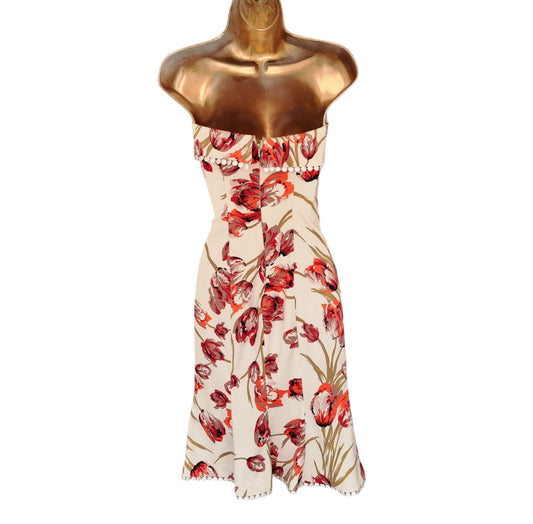 Karen Millen Vintage Ivory Coral Tulip Print Chelsy Corset Dress UK 8 US 4 EU 36 Timeless Fashions