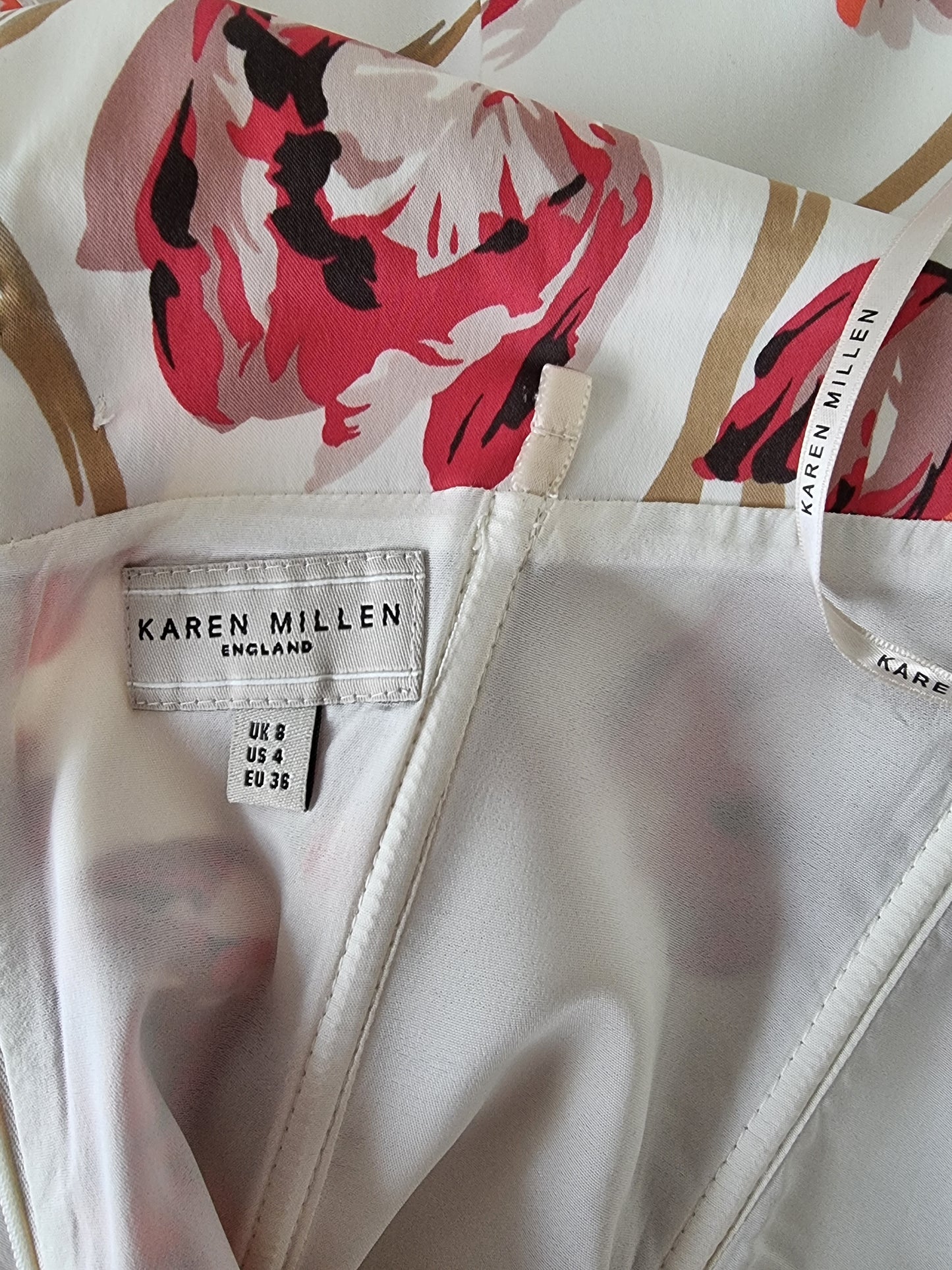 Karen Millen Vintage Ivory Coral Tulip Print Chelsy Corset Dress UK 8 US 4 EU 36 Timeless Fashions
