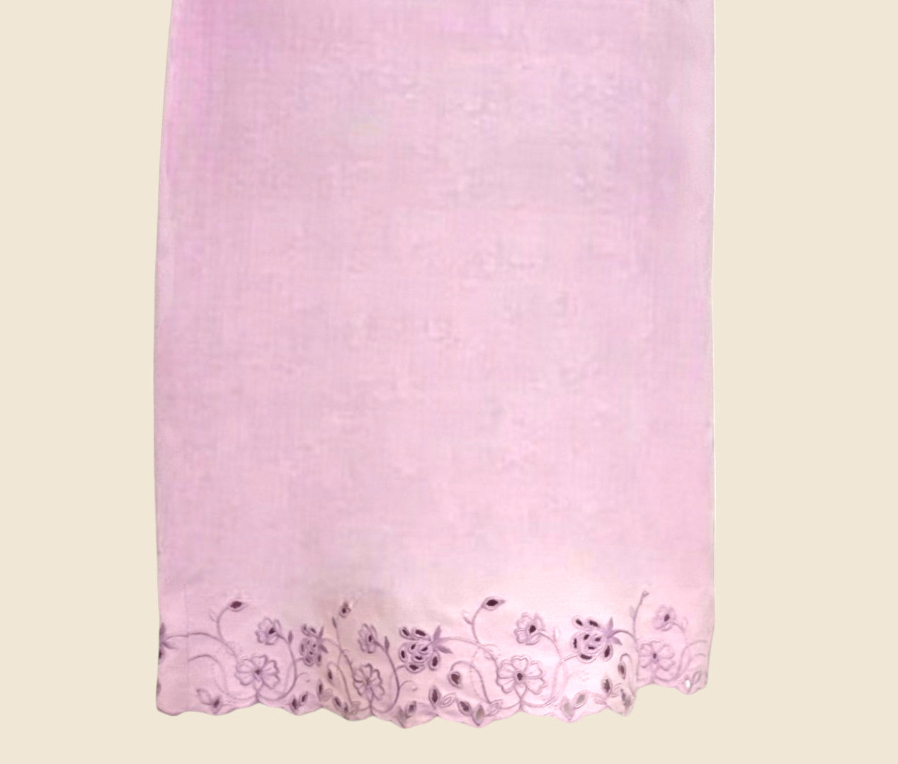 Light purple with floral lace trim on a light pink background