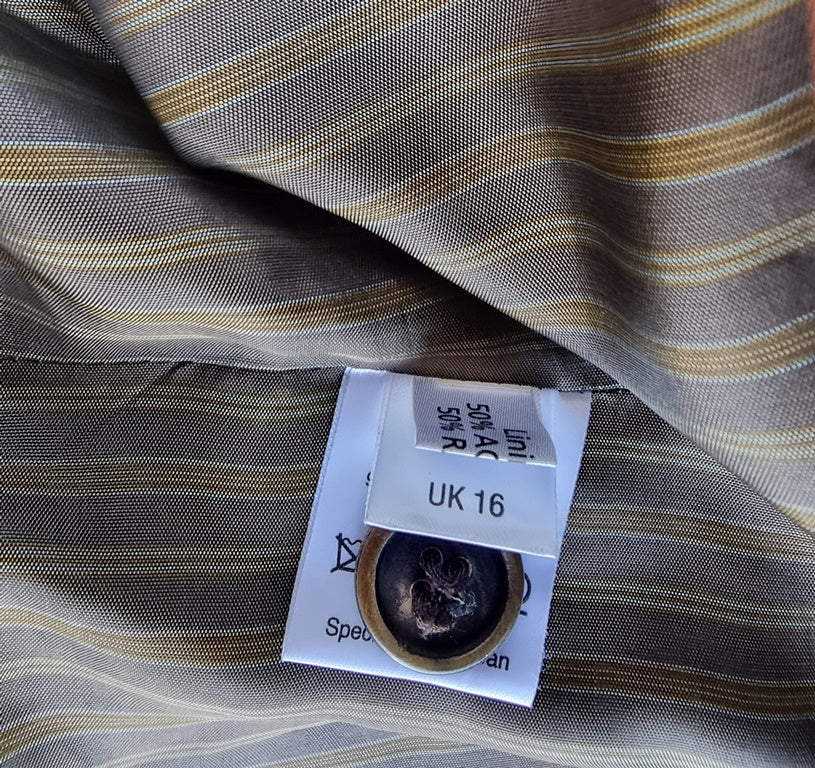 Fabric with a label showing size UK 16 on a plaid background