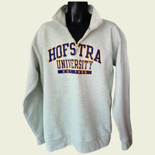 Gray sweatshirt with 'Hofstra University' text on a mannequin against a white background