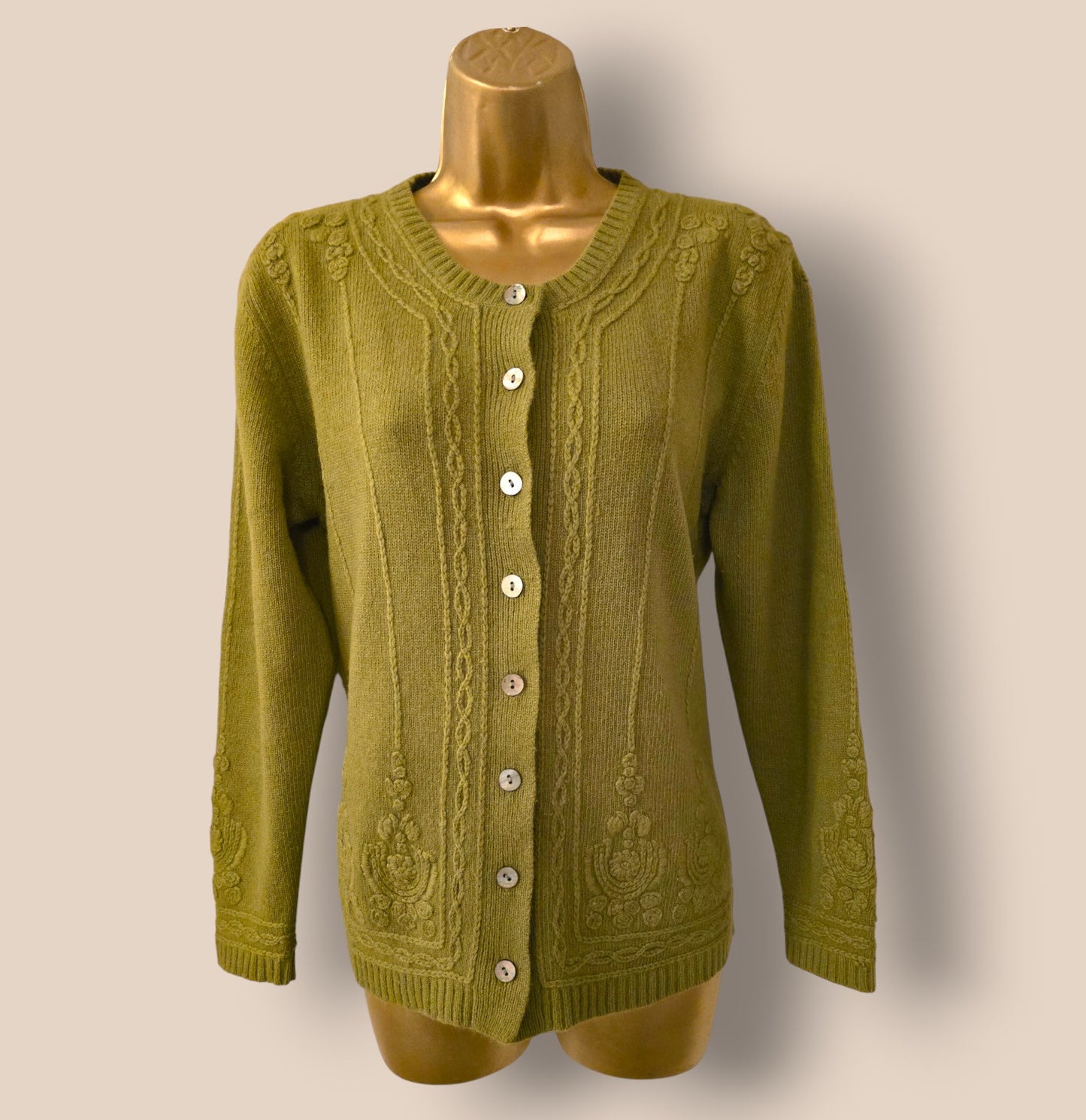 Caroline Charles Vintage Olive Green Embossed Cardigan UK 14 US 10 EU 42 Timeless Fashions