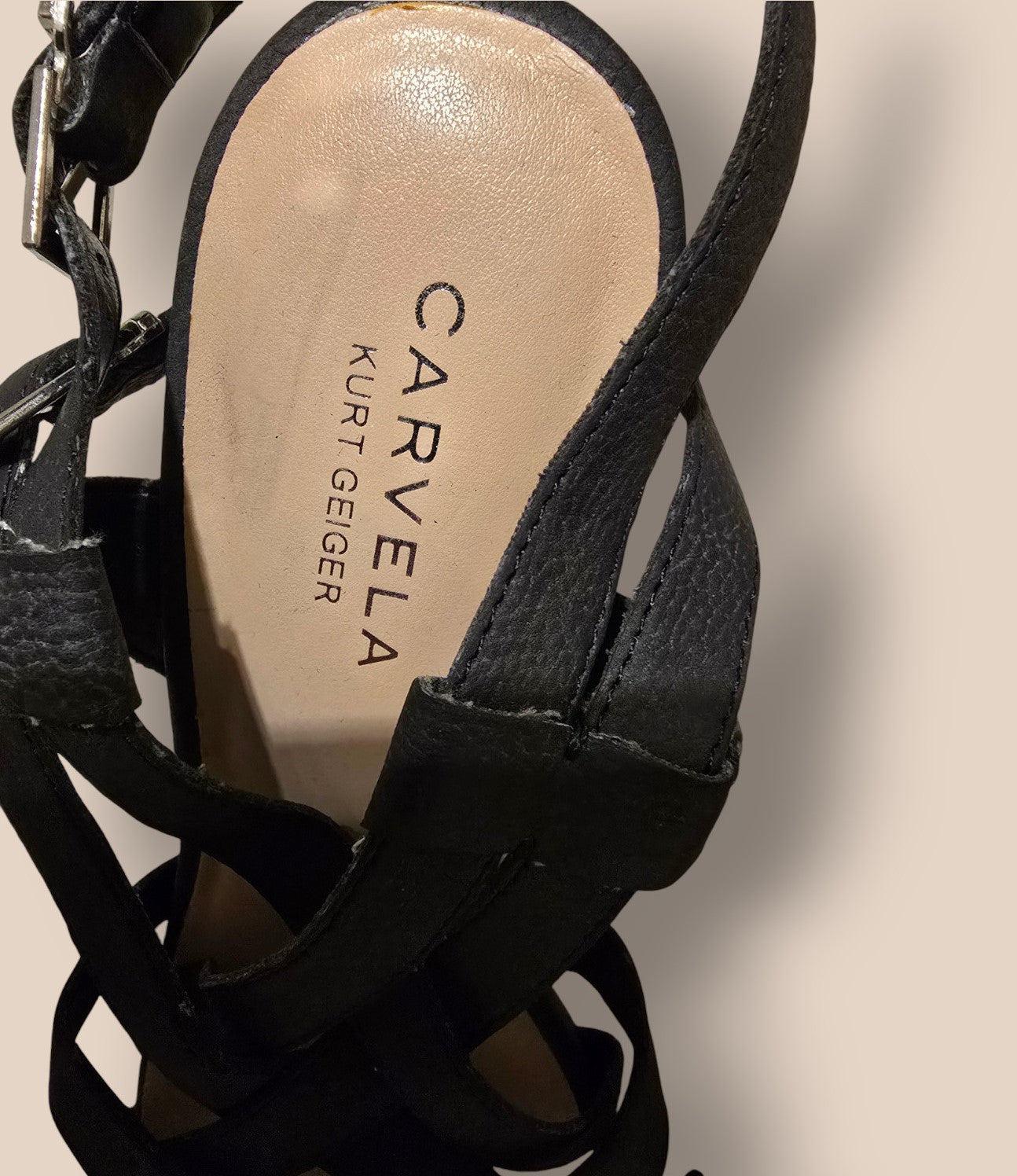 Carvela Black Criss Cross Cork Block Heel Sandals UK 7 EU 40 Timeless Fashions