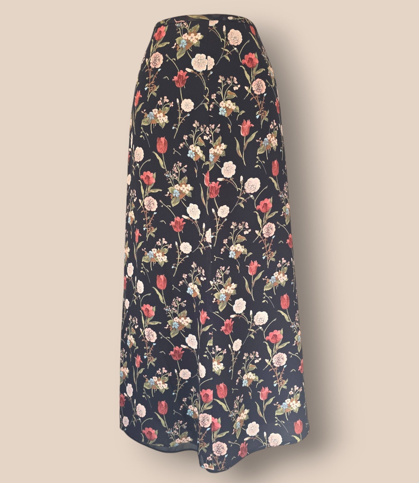 Caroline Charles Vintage Black Floral Midi Silk Skirt UK 14 EU 10 US 42 Timeless Fashions