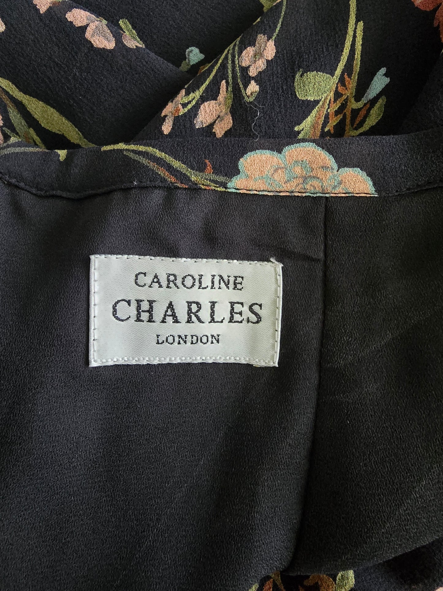 Caroline Charles Vintage Black Floral Midi Silk Skirt UK 14 EU 10 US 42 Timeless Fashions
