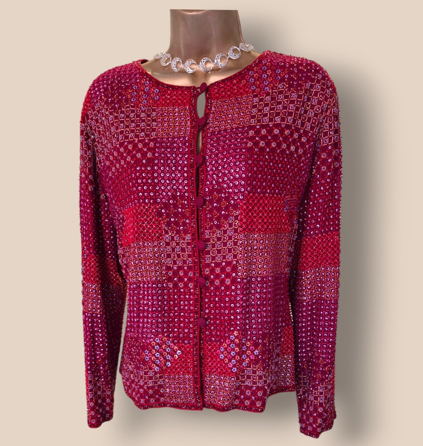 Caroline Charles Red Silk Sequin Jacket, Skirt & Cami Top UK 14/16 US 10/123 EU 42/44 Timeless Fashions