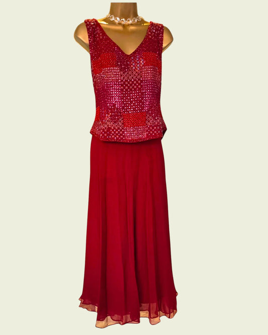 Caroline Charles Red Silk Sequin Jacket, Skirt & Cami Top UK 14/16 US 10/123 EU 42/44 - Timelessfashions