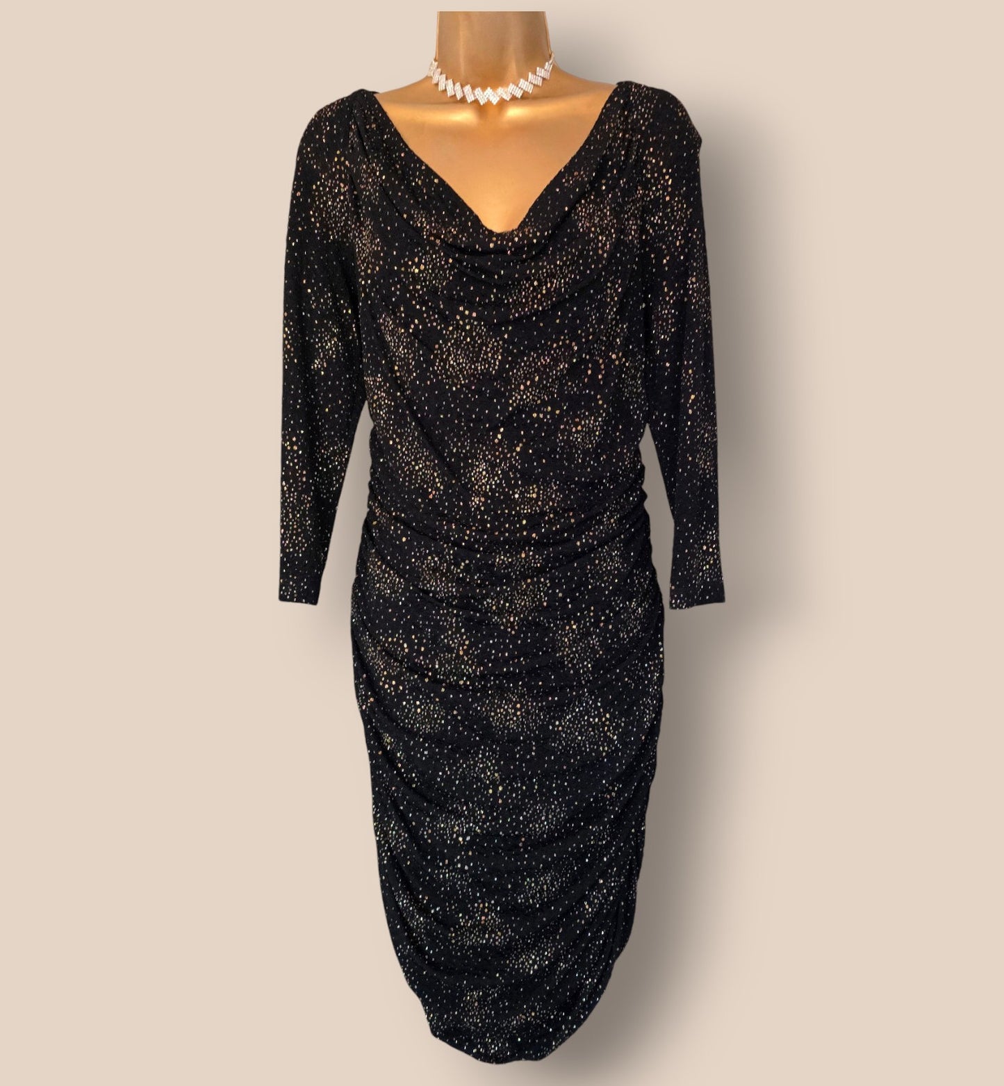 Damsel In A Dress Black And Gold Ruched Bodycon Dress UK 14 US 10 EU 42 Timeless Fashions